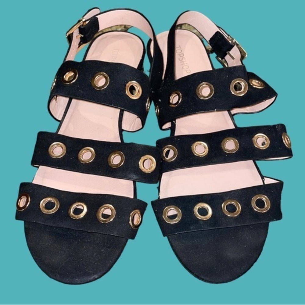 TOPSHOP Black‎ Faux Suede Gold Circle Gladiator Sandals Size 7